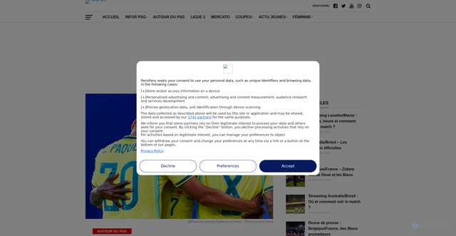 Security scan screenshot of https://www.parisfans.fr/autour-du-psg/streaming-australie-bresil-ou-et-comment-voir-le-match-875492.html