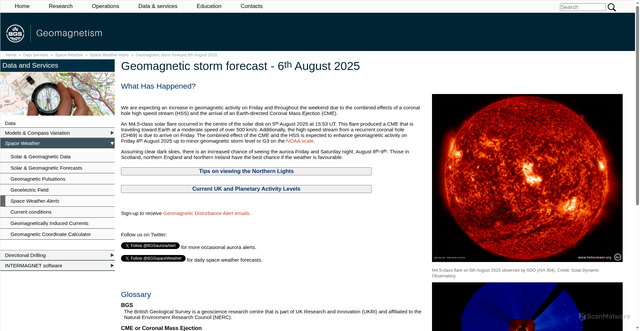 Security scan screenshot of https://geomag.bgs.ac.uk/data_service/space_weather/alerts/alert_2025-08-06.html
