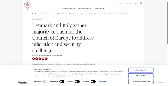 Security scan screenshot of https://stm.dk/presse/pressemeddelelser/2025/denmark-and-italy-gather-majority-to-push-for-the-council-of-europe-to-address-migration-and-security-challenges/