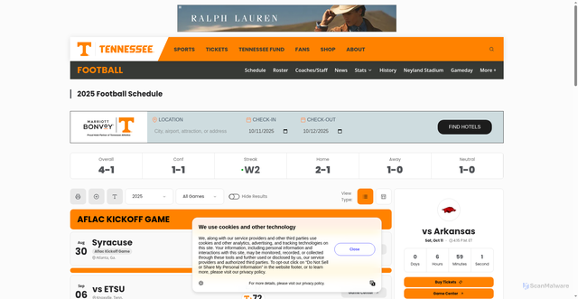 Security scan screenshot of https://utsports.com/sports/football/schedule