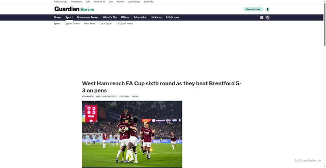 Security scan screenshot of https://www.guardian-series.co.uk/sport/25922086.west-ham-reach-fa-cup-sixth-round-beat-brentford-5-3-pens/