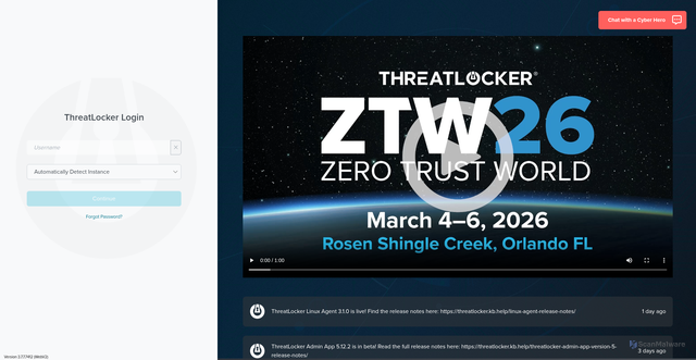 Security scan screenshot of https://portal.threatlocker.com