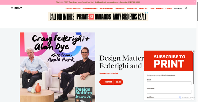 Security scan screenshot of https://www.printmag.com/podcasts/2025/design-matters-craig-federighi-and-alan-dye/
