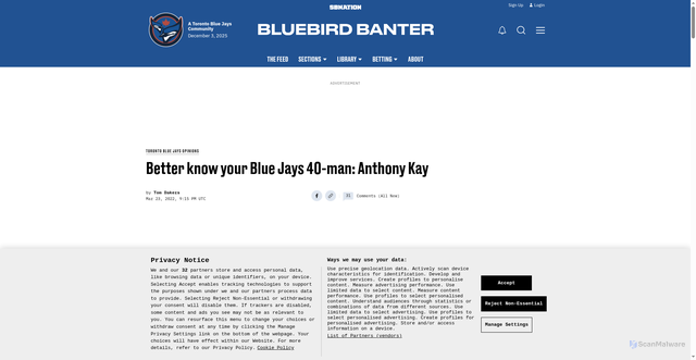 Security scan screenshot of https://www.bluebirdbanter.com/2022/3/23/22992353/better-know-your-blue-jays-40-man-anthony-kay