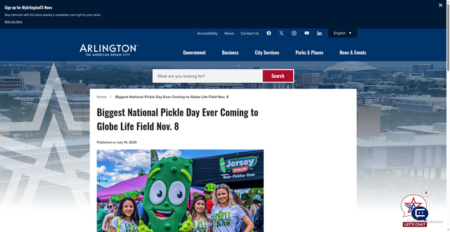 Security scan screenshot of https://www.arlingtontx.gov/News-Articles/2025/April/Biggest-National-Pickle-Day-Ever-Coming-to-Globe-Life-Field-Nov.-8