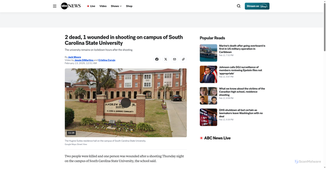 Security scan screenshot of https://abcnews.com/US/2-dead-1-wounded-shooting-campus-south-carolina/story?id=130128754