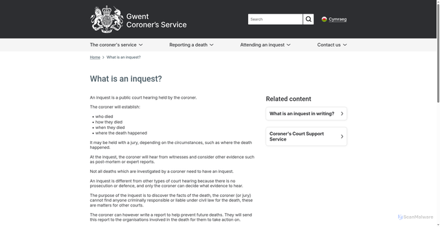 Security scan screenshot of https://www.gwentcoroner.co.uk/what-inquest