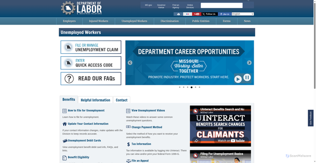 Security scan screenshot of https://labor.mo.gov/unemployed-workers