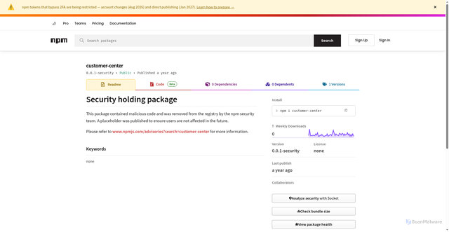 Security scan screenshot of https://www.npmjs.com/package/customer-center
