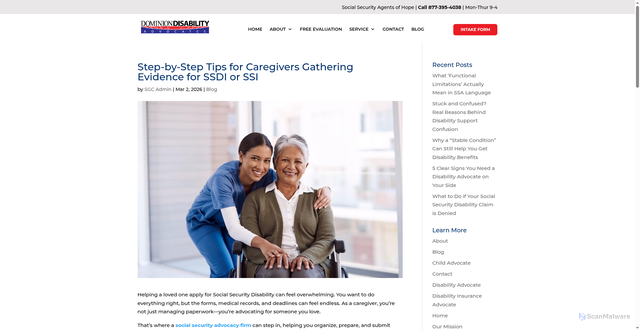 Security scan screenshot of https://dominiondisability.com/blog/tips-for-caregivers-gathering-evidence-for-ssdi-or-ssi/