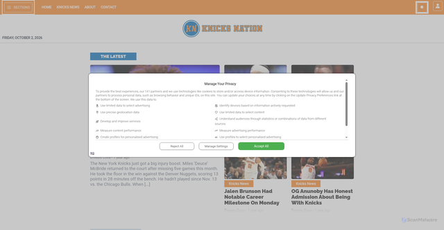 Security scan screenshot of https://www.knicksnation.com/