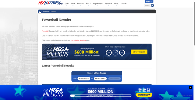Security scan screenshot of https://www.nylottery.org/powerball/results
