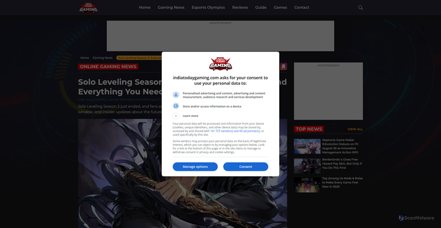 Security scan screenshot of https://www.indiatodaygaming.com/news/story/solo-leveling-season-3-expected-release-date-and-everything-you-need-to-know-8012
