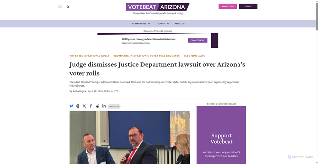 Security scan screenshot of https://www.votebeat.org/arizona/2026/04/28/department-justice-trump-adrian-fontes-unredacted-voter-rolls-lawsuit-dismissed-brnovich-ruling/