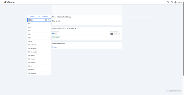 Security scan screenshot of https://es.glosbe.com/es/es/fr%C3%ADo%20-a