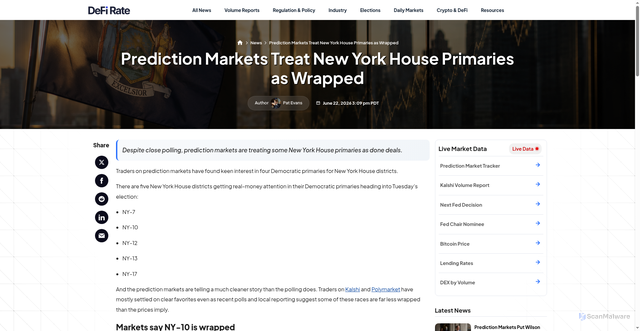 Security scan screenshot of https://defirate.com/news/prediction-markets-treat-new-york-house-primaries-wrapped/