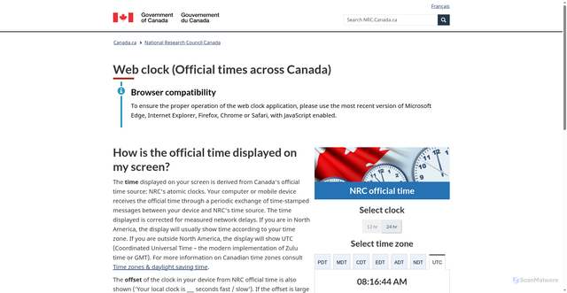 Security scan screenshot of https://nrc.canada.ca/en/web-clock/