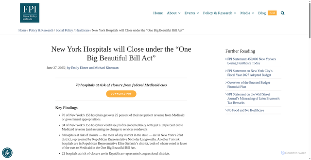 Security scan screenshot of https://fiscalpolicy.org/new-york-hospitals-will-close-under-the-one-big-beautiful-bill-act