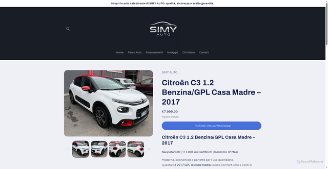 Security scan screenshot of https://simyauto.com/products/citroen-c3-1-2-benzina-gpl-casa-madre-2017