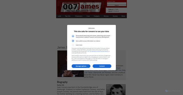 Security scan screenshot of https://www.007james.com/actors/sean_connery.php