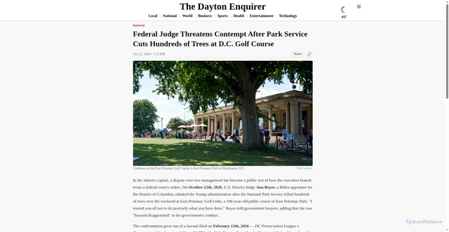 Security scan screenshot of https://thedaytonenquirer.com/article?slug=judge-threatens-contempt-after-park-service-cuts-hundreds-of-trees-at-d-c-golf-c