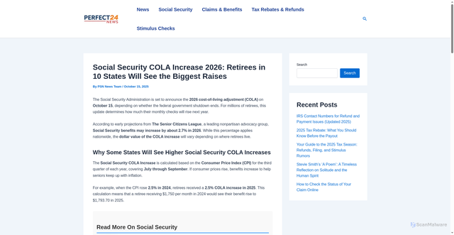 Security scan screenshot of https://perfectnewsgh.com/social-security/social-security-cola-increase-2026/20/