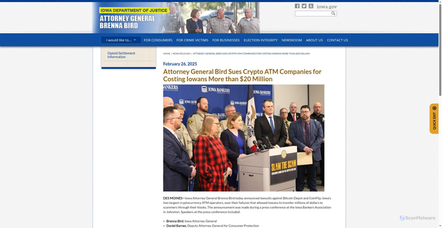 Security scan screenshot of https://www.iowaattorneygeneral.gov/newsroom/attorney-general-bird-sues-crypto-atm-companies-for-costing-iowans-more-than-20-million/