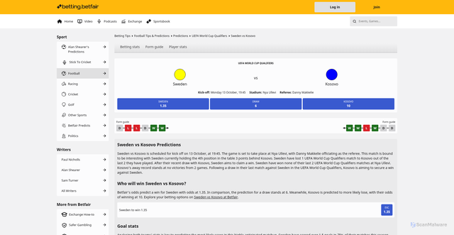 Security scan screenshot of https://betting.betfair.com/football/predictions/uefa-world-cup-qualifiers/sweden-vs-kosovo/1jc7kw1ijgg64cufh42ctvx1w/