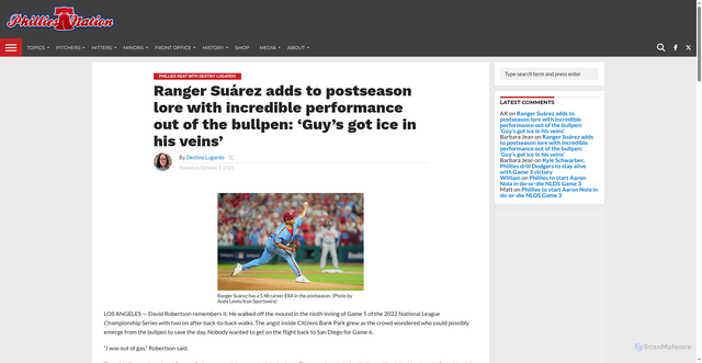 Security scan screenshot of https://philliesnation.com/2025/10/philadelphia-phillies-los-angeles-dodgers-nlcs-ranger-suarez-aaron-nola-rob-thomson-pitching-shohei-ohtani-david-robertson-trea-turner-kyle-schwarber/