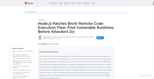 Security scan screenshot of https://blog.qualys.com/product-tech/2026/10/23/node-js-patches-brotli-remote-code-execution-flaw-find-vulnerable-runtimes-before-attackers-do
