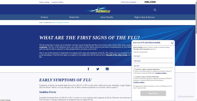 Security scan screenshot of https://www.theraflu.com/treating-cold-flu/what-are-the-first-signs-of-the-flu/