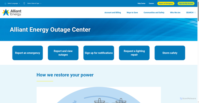 Security scan screenshot of https://www.alliantenergy.com/customer-service/outage-center