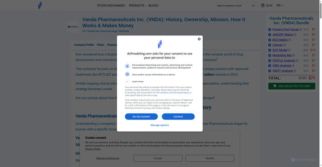 Security scan screenshot of https://dcfmodeling.com/blogs/history/vnda-history-mission-ownership?srsltid=AfmBOopKerOIc9Wt-l70RrSOip6-CvlP7KwjrVh9pmfpBQaH3E7_qIt8
