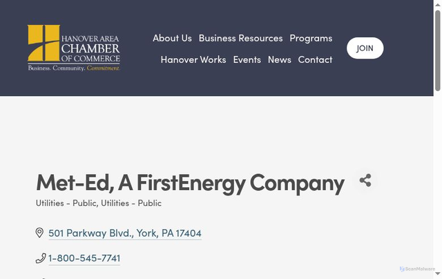 Security scan screenshot of https://business.hanoverchamber.com/list/member/met-ed-a-firstenergy-company-6897