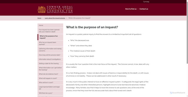 Security scan screenshot of https://www.southwalescentralcoroner.co.uk/En/LearnAboutTheInquestProcess/WhatIsThePurposeOfAnInquest.aspx