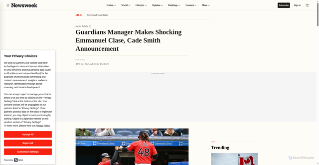 Security scan screenshot of https://www.newsweek.com/sports/mlb/guardians-manager-makes-shocking-emmanuel-clase-cade-smith-announcement-2064807