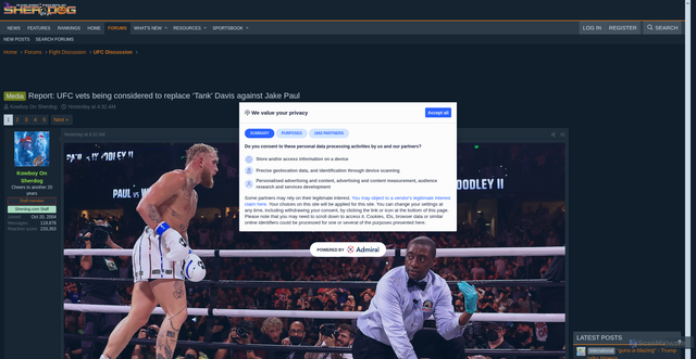 Security scan screenshot of https://forums.sherdog.com/threads/report-ufc-vets-being-considered-to-replace-%E2%80%98tank%E2%80%99-davis-against-jake-paul.4371790/