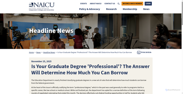 Security scan screenshot of https://www.naicu.edu/news-events/headline-news/2025/11/is-your-graduate-degree-professional-the-answer-will-determine-how-much-you-can-borrow/