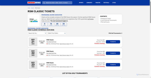 Security scan screenshot of https://americanarenas.com/tickets/rsm-classic/