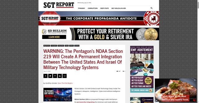 Security scan screenshot of https://www.sgtreport.com/2026/07/warning-the-pentagons-ndaa-section-219-will-create-a-permanent-integration-between-the-united-states-and-israel-of-military-technology-systems/