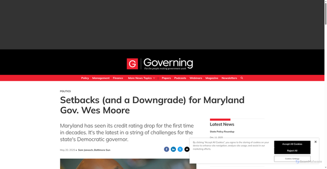 Security scan screenshot of https://www.governing.com/politics/setbacks-and-a-downgrade-for-maryland-gov-wes-moore