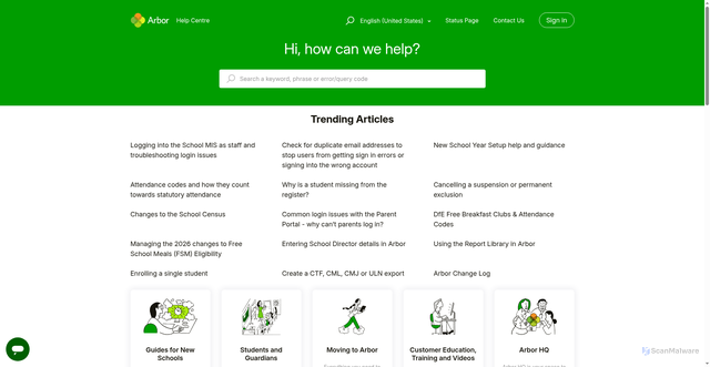 Security scan screenshot of https://support.arbor-education.com/hc/en-us