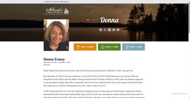 Security scan screenshot of https://www.schradercares.com/obituaries/donna-esmay