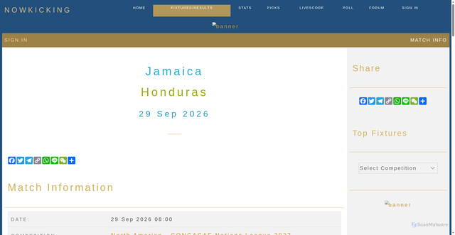 Security scan screenshot of http://www.nowkicking.com/fixtures_srch.asp?mcode=202996&action=2
