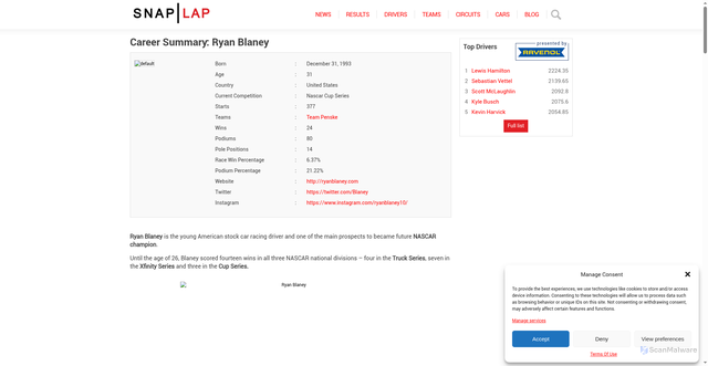 Security scan screenshot of https://www.snaplap.net/driver/ryan-blaney/