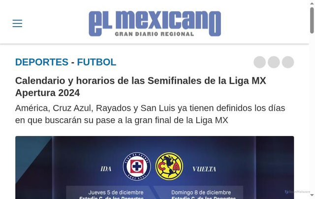 Security scan screenshot of https://el-mexicano.com/deportes/calendario-y-horarios-de-las-semifinales-de-la-liga-mx/2216219
