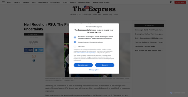 Security scan screenshot of https://www.lockhaven.com/sports/local-sports/2025/12/neil-rudel-on-psu-the-pinstripe-bowl-features-plenty-of-uncertainty/