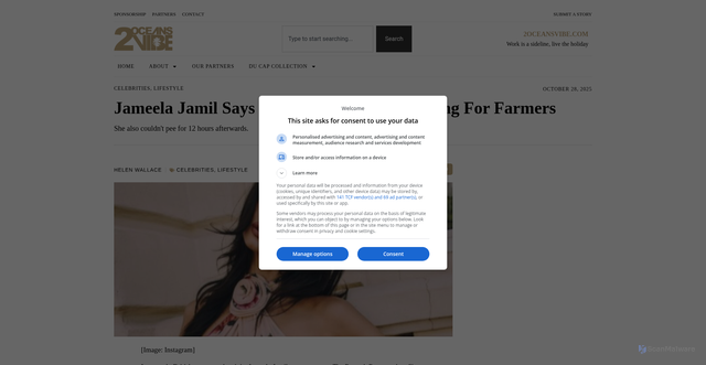Security scan screenshot of https://www.2oceansvibe.com/entertainment/celebrities/jameela-jamil-says-she-orgasmed-while-djing-for-farmers/