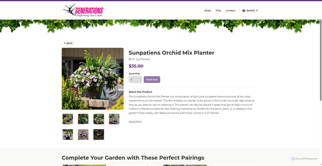 Security scan screenshot of https://generationsperforming.sowzer.com/shop_/t23049/t33190-sunpatiens-orchid-mix-planter