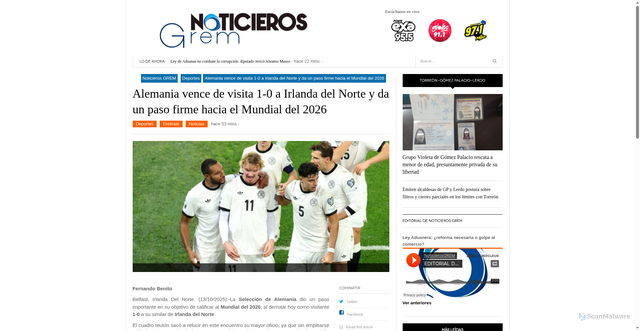 Security scan screenshot of https://www.noticierosgrem.com.mx/alemania-vence-de-visita-1-0-a-irlanda-del-norte-y-da-un-paso-firme-hacia-el-mundial-del-2026/